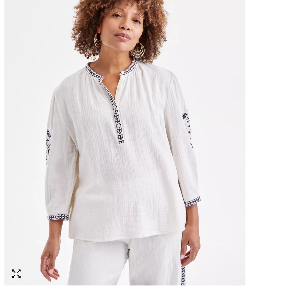 Style & Co. Women's white cotton gauze top with beautiful blue embroidery
